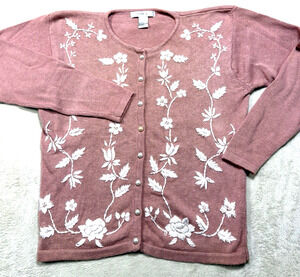 VTG Lise J Floral Embroidered Knit Cardigan Sweater Dusty Rose Pearl Button Sz L